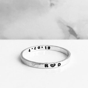 Hand Stamped Personalised Ring | Sterling Silver Secret Message Ring | Skinny Stacking Name Ring | Initials Ring | 2mm