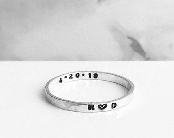 Hand Stamped Personalised Ring | Sterling Silver Secret Message Ring | Skinny Stacking Name Ring | Initials Ring | 2mm