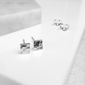 Handmade Hammered Silver Square Stud Earrings | Minimalist Geometric Everyday Jewellery | Modern Dainty Silver Studs for Her
