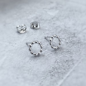 Small Silver Circle Earrings | Beaded Sterling Silver Circle Studs | Open Circle Stud Earrings