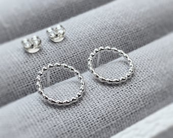 Sterling Silver Circle Earrings | Beaded Silver Circle Studs | Open Circle Stud Earrings