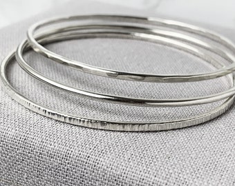 Sterling Silver Bangle Set | Silver Bangle | Smooth, Linear & Hammered Silver Bangle Bracelets | Gifts For Her | Silver Stacking Bangles