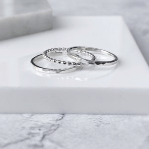 Sterling Silver Stacking Ring Set | 3 x 1.5mm Sterling Silver Rings | Hammered & Beaded | Minimalist Rings | Handmade Gift for Her |