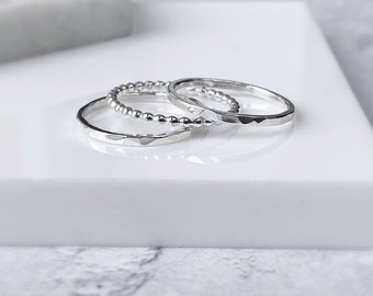 Sterling Silver Stacking Ring Set | 3 x 1.5mm Sterling Silver Rings | Hammered & Beaded | Minimalist Rings | Handmade Gift for Her |