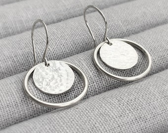 Silver Hammered Circle Drop Earrings | Sterling Silver Circle Earrings | Hammered Silver Disc
