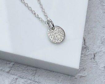 Sterling Silver Circle Necklace | Stardust Texture Necklace | Small Circle Necklace | Mini Disc Pendant | Silver Jewellery UK