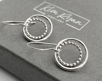 Silver Circle Drop Earrings | Sterling Silver Circle Earrings | Double Beaded Circle Earrings