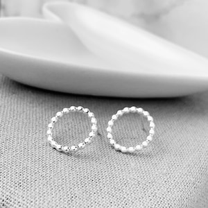 Silver Circle Earrings | Flat Beaded Silver Circle Studs | Open Circle Stud Earrings
