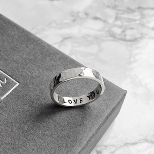 Personalised Silver Ring | Hand Stamped Custom Ring | Sterling Silver Wedding Ring | Textured Couples Ring | Engraved Gift for Men, Women
