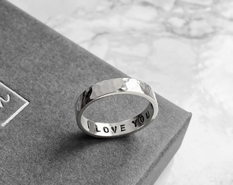 Personalised Silver Ring | Hand Stamped Custom Ring | Sterling Silver Wedding Ring | Textured Couples Ring | Engraved Gift for Men, Women