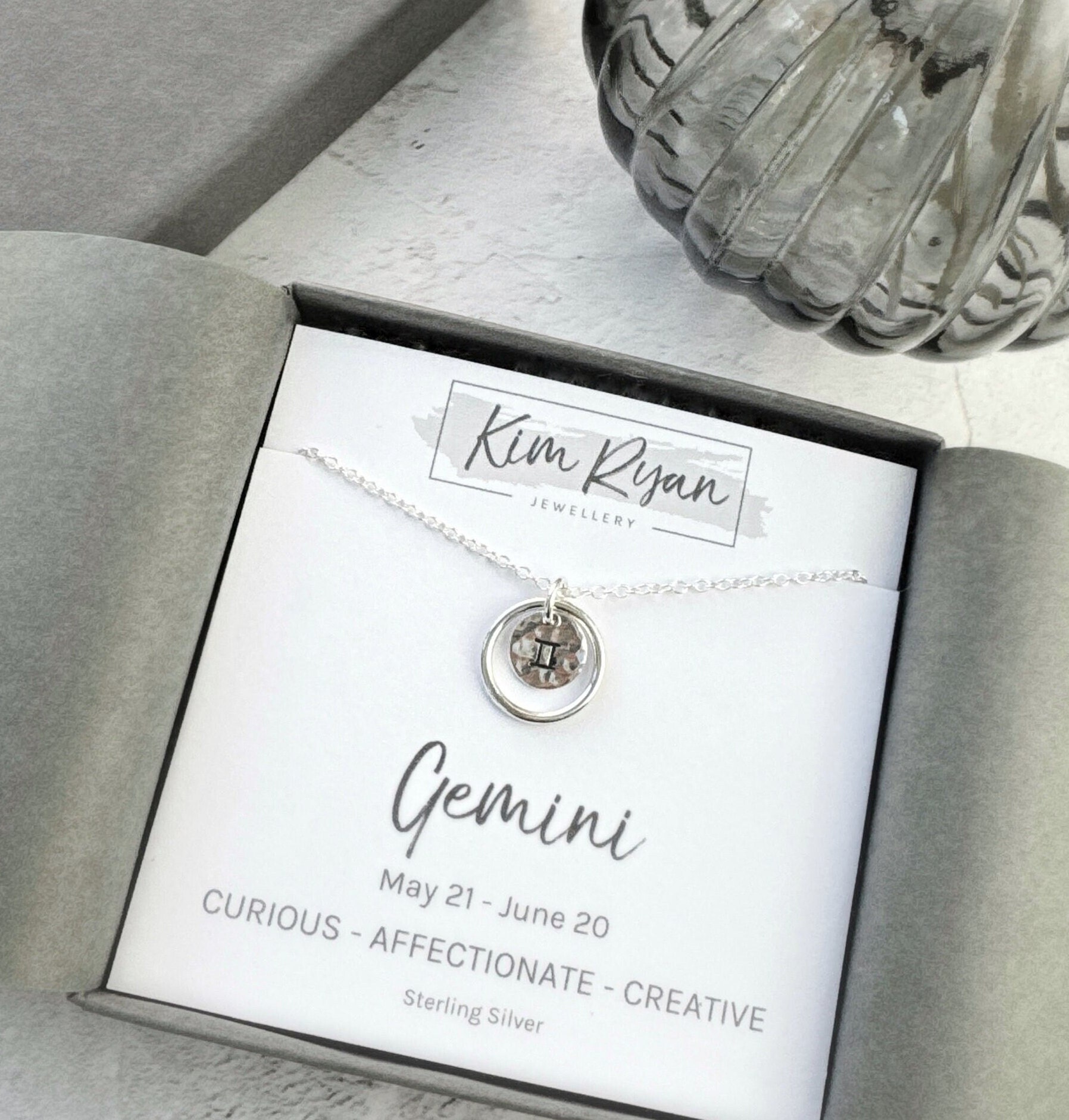 Sterling Silver Gemini Zodiac Necklace Hammered Double Circle Star Sign…