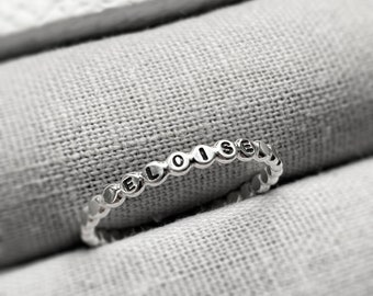 Hand Stamped Personalised Ring | Sterling Silver Ring | Beaded Ring | Stacking Name Ring | Initials Ring | 2mm Band