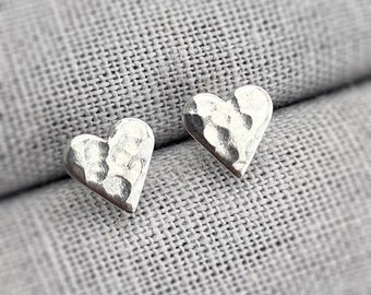 Sterling Silver Heart Earrings | Hammered Silver Heart Studs