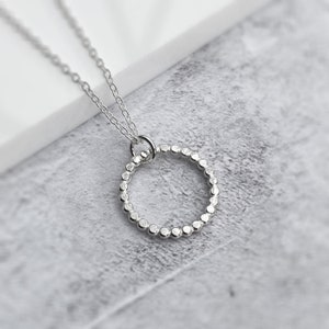 Silver Circle Necklace | Flat Beaded Open Circle Layering Necklace | | Gift for Her | Minimal Silver Pendant