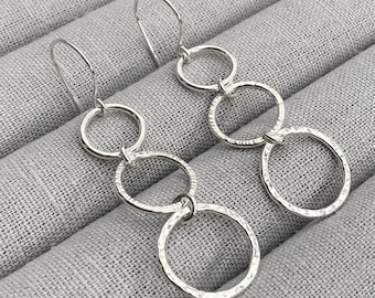 Silver Long Drop Earrings | Sterling Silver Circle Earrings | Triple Circle Textured Dangle Earrings