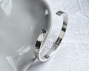 Personalised Hammered Silver Bangle | Thick Sterling Silver Secret Message Cuff Bracelet | Hand Stamped Hidden Message Bracelet |