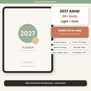 Könnte beinhalten: Ein digitales Tablet mit einer 2027 ADHS-Planer-Oberfläche, einem salbeigrünen Kreis, beigen Akzenten und Texten wie 20+ tools, Light + Dark, Dopamine Menu, Spoons & Energy, Meds, Meals, Clean, Stuck/Tiny Steps und 102 Stickers + PDF.