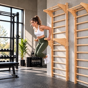 May include: A light-colored wooden wall-mounted stall bar unit featuring a set of horizontal rungs and a detachable pull-up or dip bar attachment, secured to a gray wall in a fitness facility setting.