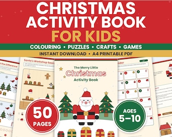 May include: A Christmas activity book for kids featuring 50 pages of colouring, puzzles, crafts, and games. The cover displays a Santa Claus illustration, Christmas trees, and gift boxes. Text includes 'Christmas Activity Book For Kids' and 'Ages 5-10'.