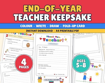 Op de afbeelding: Een vierdelige, printbare PDF-set voor een herinneringskaart voor de leraar aan het einde van het schooljaar. De pagina's bevatten invulteksten, schrijflijnen en tekenvakken om in te kleuren. Het ontwerp bevat kleurrijke koppen, iconen van schoolspullen en een voorbeeldpagina met handgeschreven tekst. De set is bedoeld voor kinderen van 5-8 jaar.