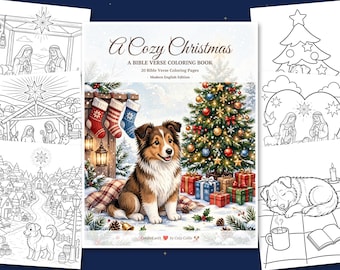 Weihnachtsmalbuch mit Cozy Collie | Ausmalbilder zur Weihnachtsgeschichte mit Bibelversen (Web, modernes Englisch) | Christliche PDF-Datei zum Ausdrucken