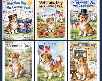 Könnte beinhalten: Ein Set aus sechs Malbüchern mit Illustrationen von Collie-Hunden, die amerikanische Feiertage wie Election Day, Veterans Day, Presidents Day, Memorial Day, Flag Day und Constitution Day mit patriotischen Motiven und Flaggen feiern.