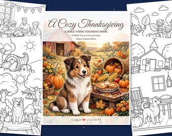 Malbuch zum Erntedankfest mit Cozy Collie | Malvorlagen mit Bibelversen für den Herbst (Web, modernes Englisch) | Christliche, druckbare PDF-Datei zum Download