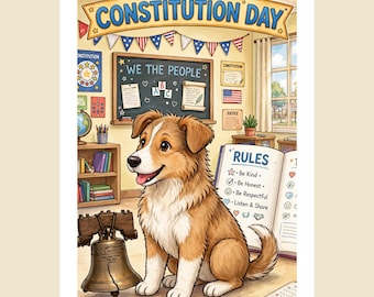 Könnte beinhalten: Ein braun-weißer Hund sitzt in einem Klassenzimmer, das für den Constitution Day geschmückt ist. Zu sehen sind eine Glocke, eine Tafel mit dem Text We The People und ein offenes Buch mit dem Text Rules, Be Kind, Be Honest, Be Respectful, Listen & Share.