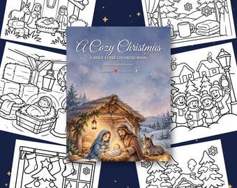 Könnte beinhalten: Ein Malbuch mit dem Titel A Cozy Christmas A Bible Verse Coloring Book Modern English Edition mit einer zentralen Abbildung einer Krippenszene, umgeben von sechs schwarz-weißen Strichzeichnungen mit weihnachtlichen Motiven.