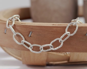 Handmade Chain Link Bracelet with Hammered and Smooth Textures, available in Solid 14k Gold or Sterling Silver