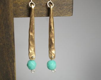 Hammer Textured Brass Earrings with Turquoise Glass Beads