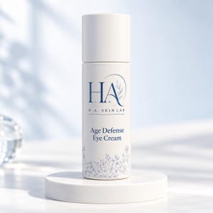 Puede incluir: Un frasco cilíndrico blanco de crema para ojos Age Defense de H.A. Skin Lab. La etiqueta presenta texto en azul oscuro, un logotipo HA estilizado y una delicada ilustración botánica de pequeñas flores y hojas en la base.