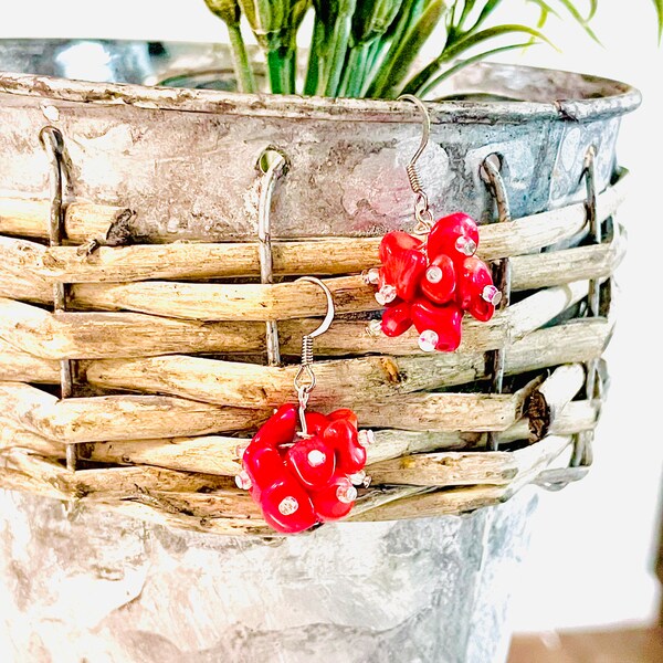 Red Coral cluster chip earrings