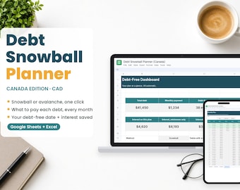 Debt Snowball Spreadsheet Canada, Debt Payoff Planner for Google Sheets and Excel, Avalanche Method Tracker, Debt Free Calculator CAD
