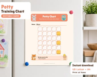 Potty Training Chart Editable Name, Printable Potty Sticker Chart for Toddlers, Animals and Trucks Reward Chart, Certificate PDF