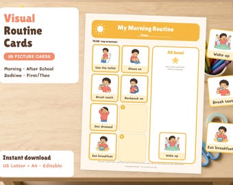 Visual Routine Cards for Kids, Printable Morning and Bedtime Routine Chart, Toddler Visual Schedule, Editable Picture Cards PDF