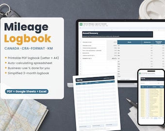 Mileage Logbook Canada, CRA Vehicle Log Printable PDF and Spreadsheet, Business Km Tracker for Google Sheets and Excel, Self Employed