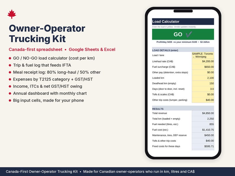 Owner Operator Trucking Spreadsheet Canada | IFTA, Load Calculator, GST/HST | Google Sheets & Excel image 1