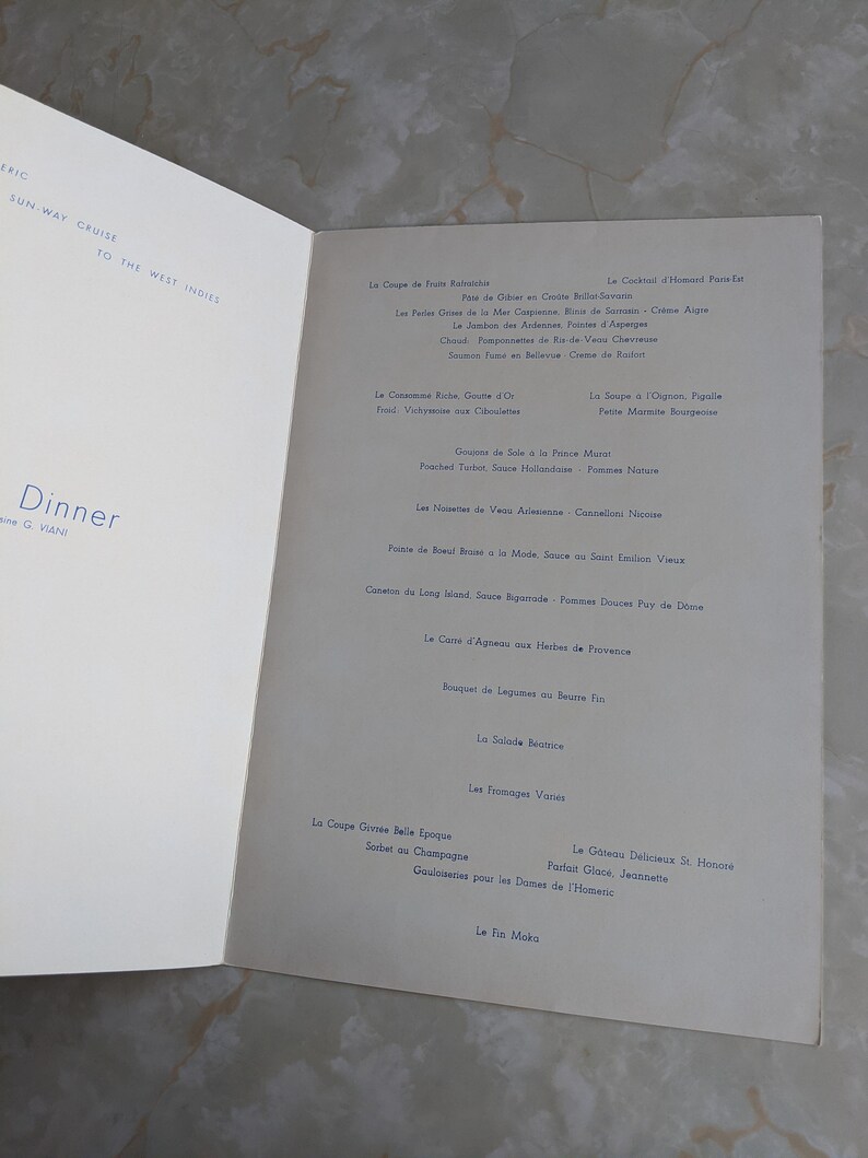Homeric Sun Way Cruise To The West Indies 1972 Vintage French Dinner Menu From S S Art Collectibles Memorabilia Egpsrl It