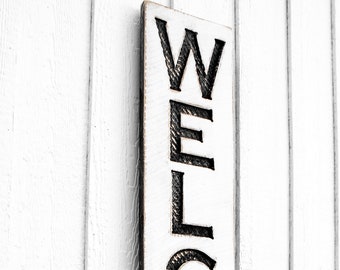 Welcome Sign Vertical - Carved in a Solid Wood Board Rustic Distressed Farmhouse Style Porch Entryway Foyer Kitchen Restaurant Café Décor