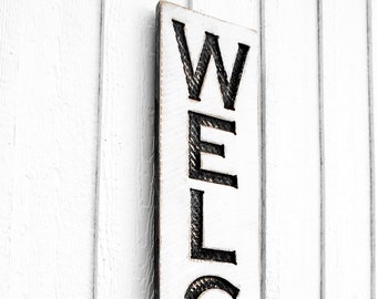 Vertical Welcome Sign – Rustic Carved Wood, Distressed Farmhouse Decor