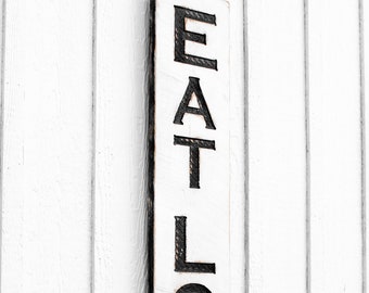 Eat Local Sign - Carved in a 48"x8" Solid Wood Board Rustic Distressed Restaurant Kitchen Garden Farmers Market Farmhouse Style Wooden Gift