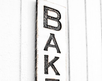 Bakery Sign Vertical - Carved in a Solid Wood Board  Rustic Distressed Shop Advertisement Farmhouse Style Kitchen Restaurant Café Gift