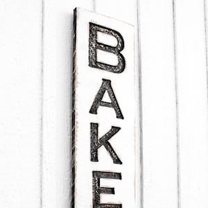 Bakery Sign Vertical Carved in a Solid Wood Board Rustic Distressed Shop Advertisement Farmhouse Style Kitchen Restaurant Café Gift image 1