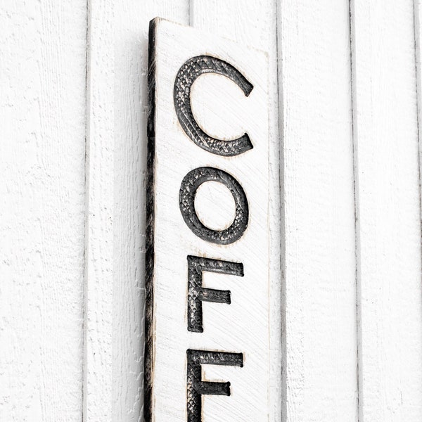 Coffee Sign Vertical - Carved in a Solid Wood Board Rustic Distressed Farmhouse Kitchen Coffee Shop Diner Café Décor Fixer Upper Style Gift