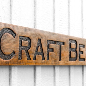 Stained Craft Beer Sign - Carved in a 48&quot;x8&quot; Solid Wood Board Rustic Distressed Farmhouse Shop Ad Bar Tap House Pub Kitchen Restaurant Décor