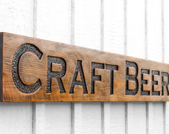 Stained Craft Beer Sign - Carved in a 48"x8" Solid Wood Board Rustic Distressed Farmhouse Shop Ad Bar Tap House Pub Kitchen Restaurant Décor