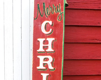 Large Merry Christmas Sign | Carved in Solid Wood | Rustic Distressed Finish | Holiday Decoration | Porch Décor | Handmade in North Carolina