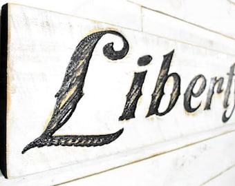 Liberty Sign - Carved in a 40"x10" Solid Wood Board Rustic Distressed Arts & Crafts Farmhouse Style Wall Decor Wooden Gift