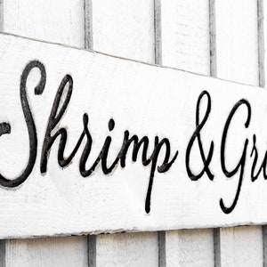 Shrimp & Grits Sign - Carved in a 40&quot;x10&quot; Solid Wood Board Rustic Distressed Kitchen Farmhouse Southern Style Cafe Wooden Wood Gift